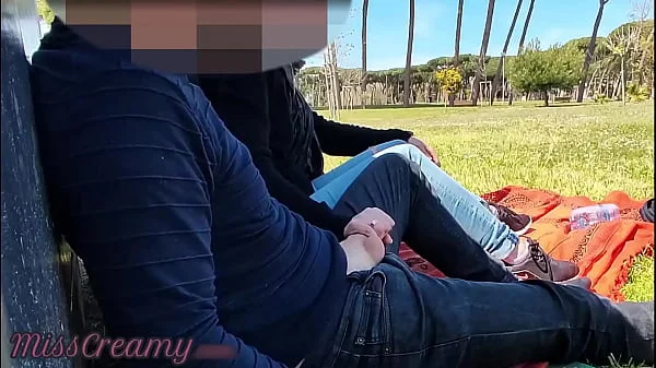 French Teacher Handjob Amateur on public park to student with Cumshot - MissCreamy