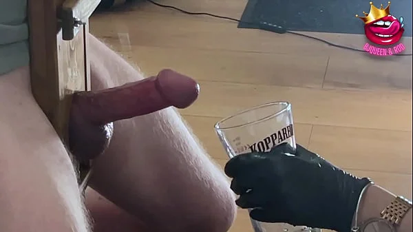 Close up femdom edges cock to ruined orgasm in a glass