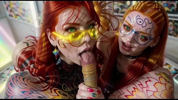 Strange double blowjob by two ginger AI twins dolls