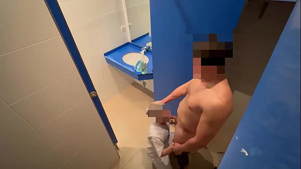 I surprise the gym cleaning girl who when she comes in to clean the toilet she catches me jerking off and helps me finish cumming with a blowjob