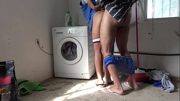 A Muslim maid is fucked doggystyle while doing the laundry