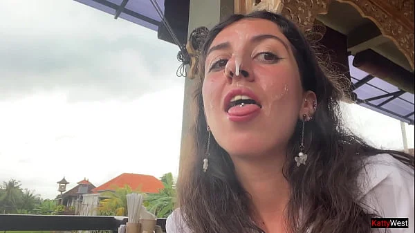 Eating pizza with cum on my face in a public cafe