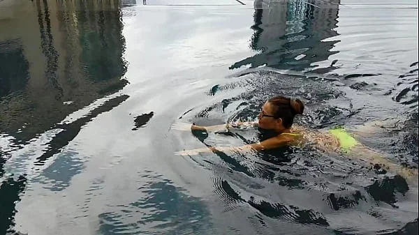 Sexy Hairy Milf Swims in Hotel Pool and Pisses in Public Shower