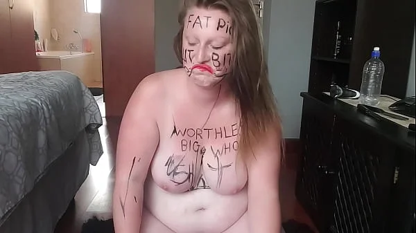 Big fat worthless pig degrading herself | body writing |hair pulling | self slapping