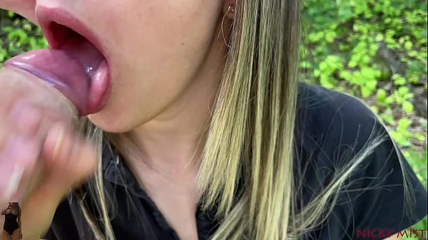 Stranger was with girl in the woods POV blowjob she swallow his cum