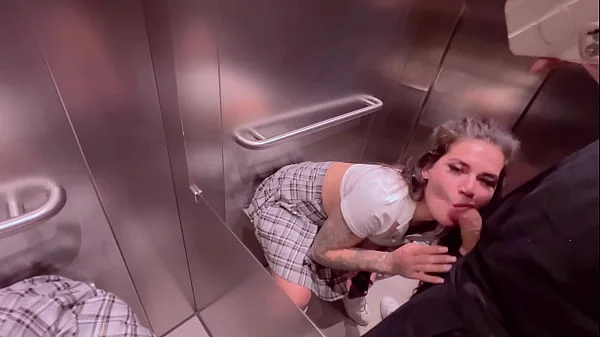 Beautiful girl Instagram blogger sucks in the elevator of the store and gets a facial