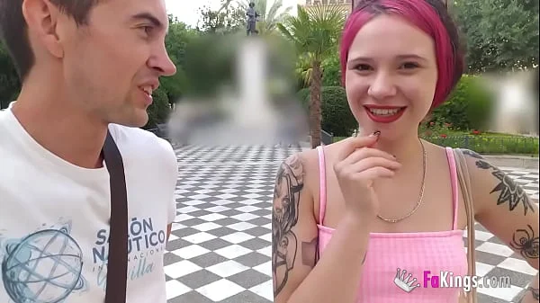 Slutty Spanish tourist licks cock in the middle of Seville!